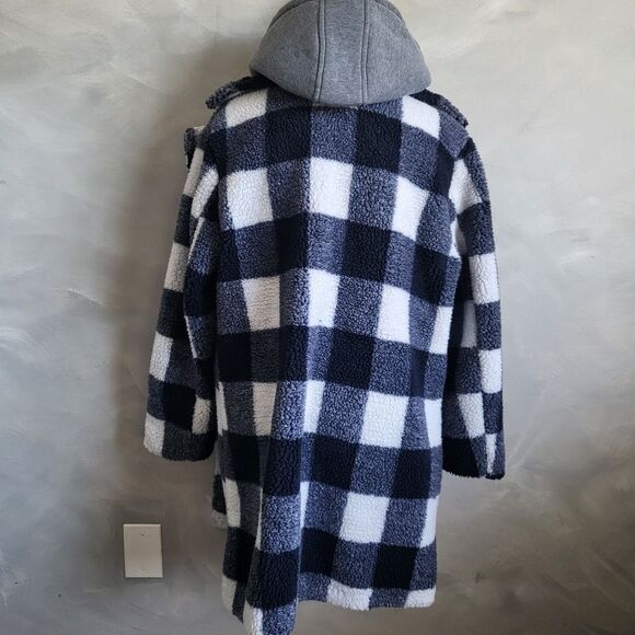 Steve Madden Navy & White Buffalo Plaid Convertible Hooded Teddy Coat Women M - Picture 3 of 16